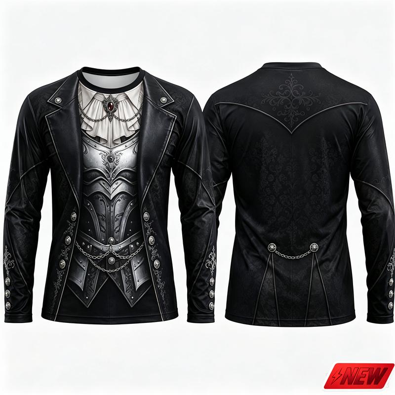 Gothic Vampire Costume Long Sleeve T‑Shirt Men 3D Print Fake Jacket Shirt Graphic Novelty Tee Halloween Cosplay Party Top