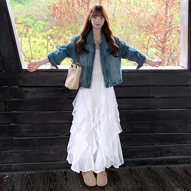Women's White Irregular High-Waist A-Line Cake Skirt, Summer 2026, Petite Slimming Design