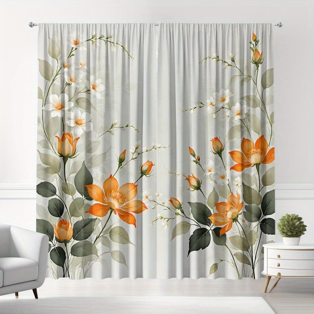 2PCS Digital Printed Curtains, Orange White Flowers Bright Citrus Floral, Window Drapes for Living Room Bedroom Home Decoration