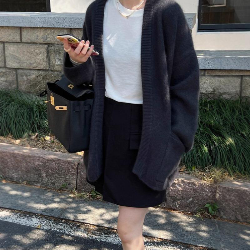 Medium and long lazy sweater jacket autumn and winter new solid color loose large size knitted cardigan women