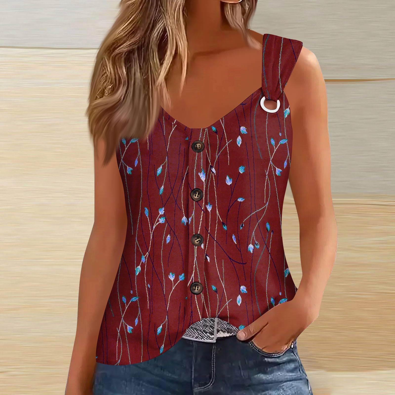 

Women s Fashion Casual Loose Sleeveless Buttoned V-Neck Printed T-Shirt Top S винний