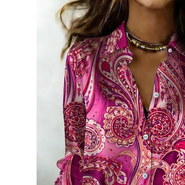 Women's Casual Long-sleeved Button-down Shirt with Bohemian-style Print, Suitable for Weekend Wear