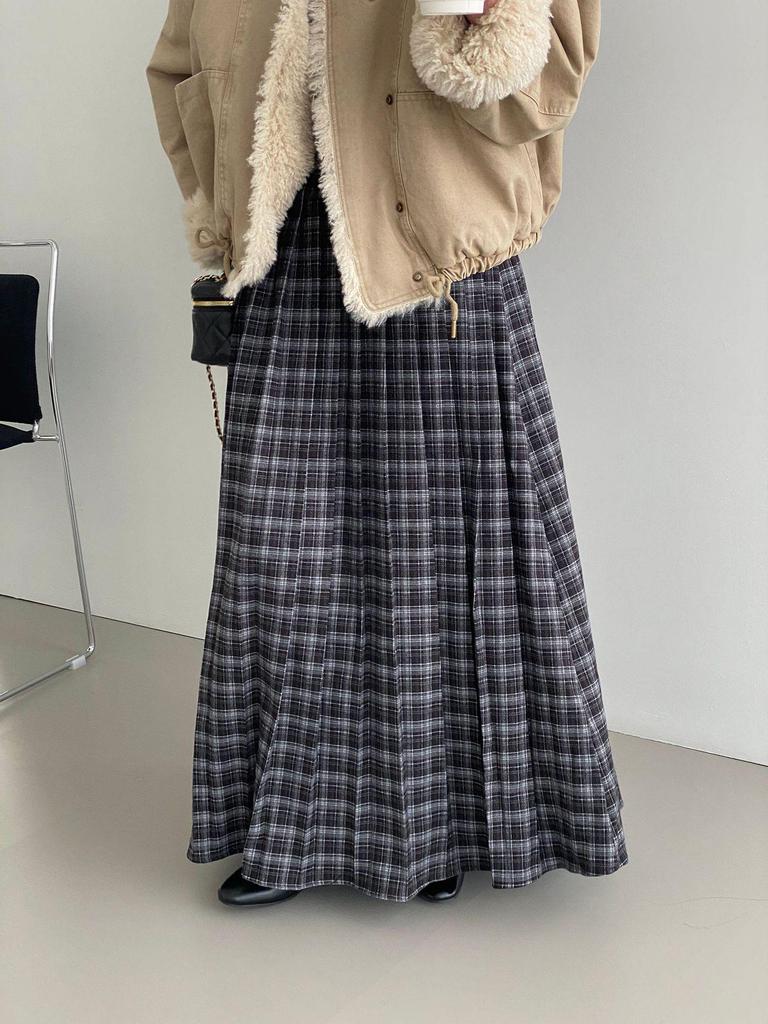 Korean Retro Plaid High Waist Midi Skirt - Women's Versatile A-Line 