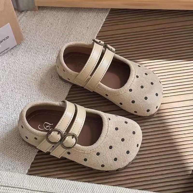 Cute Polka Dot Mary Jane Shoes Girls Soft Sole Comfortable Flat In Yellow Beige Khaki Ages 4-12