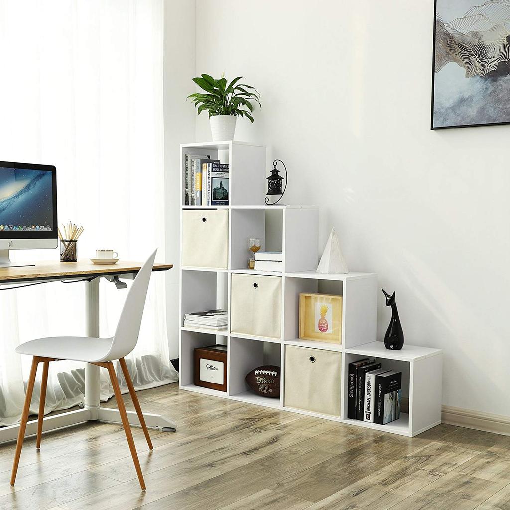 VASAGLE Bookcase, Stair Organiser, 10 Open Cubes, Wooden Display Shelf, Free Standing Shelf, 129.5 x 29 x 129.5 cm, Room Divider, White