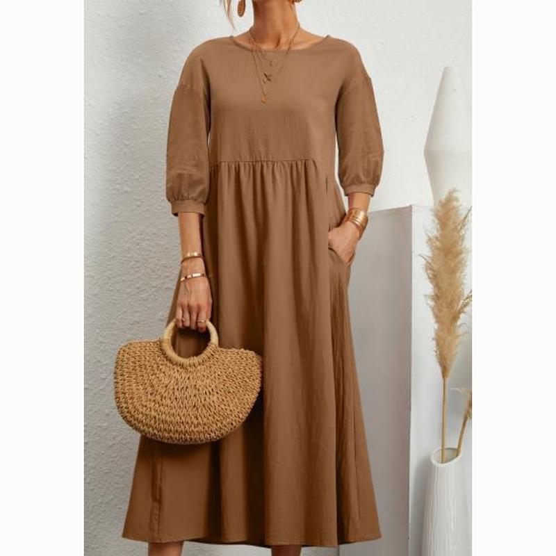 Estate Nuovo Solido Donna Abito Casual Taglia Forte Moda Manica a Lanterna Abiti Ampi Femminile Retro Cotone e Lino Tasca Signore Abito Lungo 24513