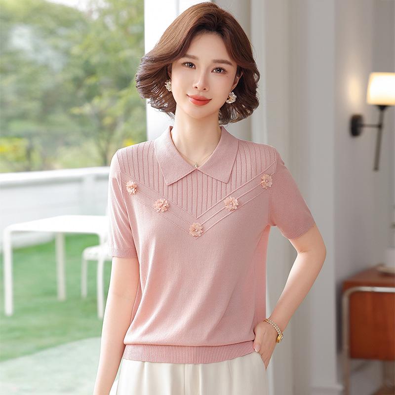 

2026 Summer High-End Ice Silk Blouse: Short Sleeve T-Shirt for Young, Middle-Aged & Elderly Women 5XL (for 150-165 lbs) рожевий