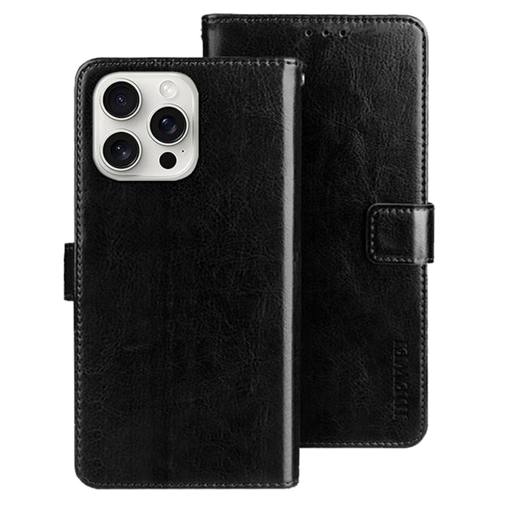 

For iPhone 16 Pro Stand Case Crazy Horse Texture Leather Phone Cover Black