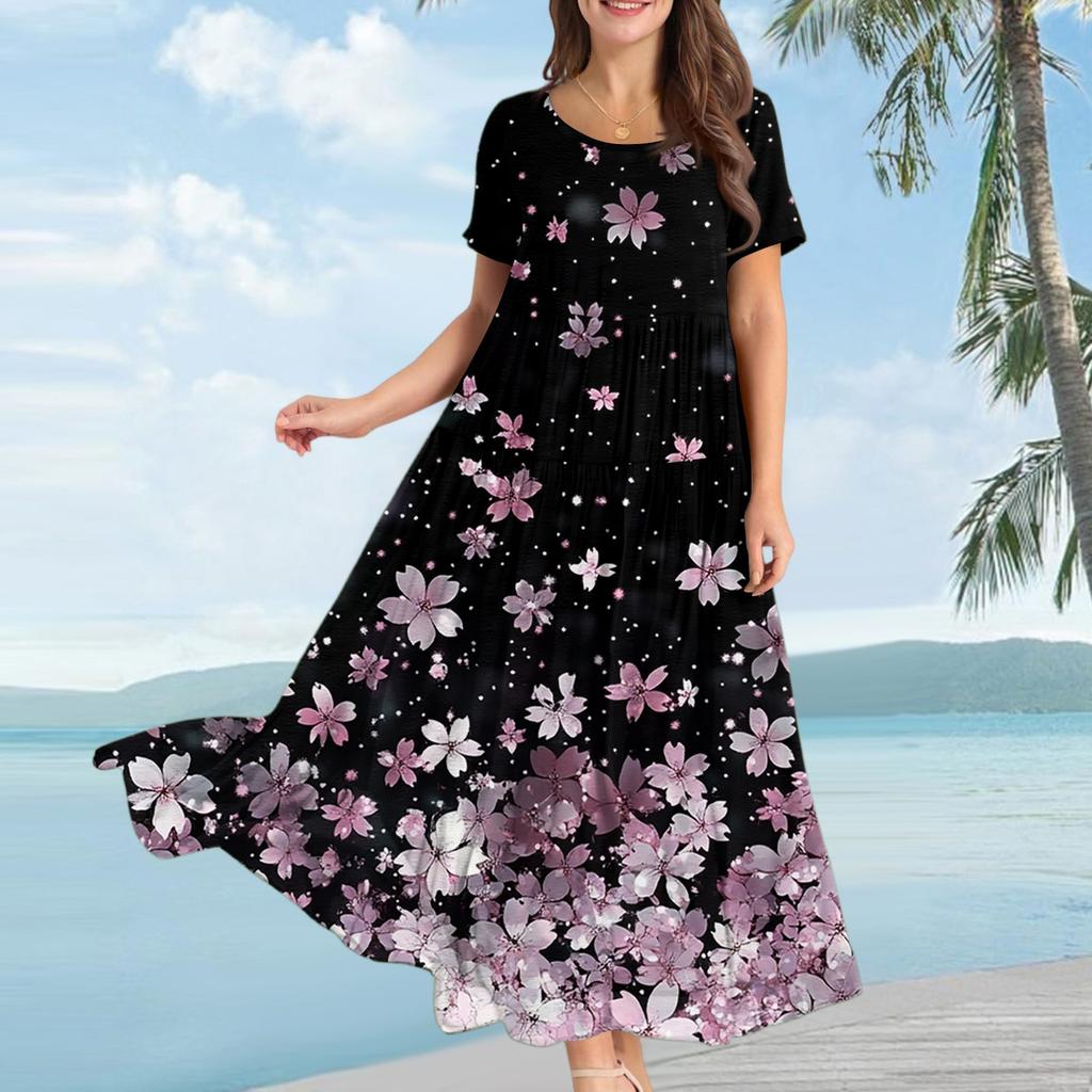 Women's Casual Loose Bohemian Floral Print Short Sleeve Dress