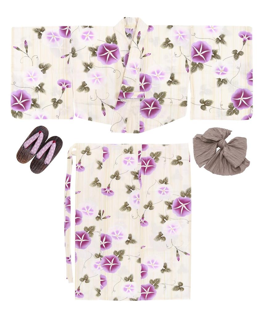 Zestaw do zmiany yukaty Heiko dla dziewcząt Glory Transparent [KYOETSU] Zestaw, Yukata, Typ dwuczęściowy, Dla dziewcząt, Niebielony, Splot, 3-częściowy (Yukata, Obi, Geta),