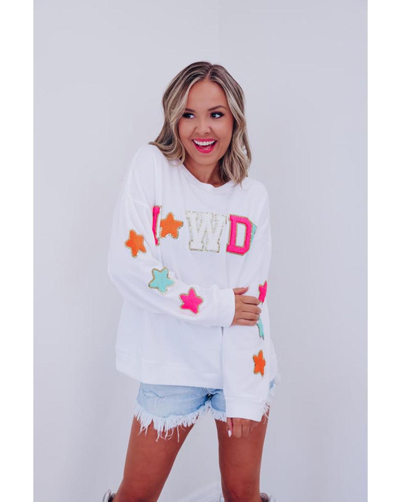 Azura Exchange White Glitter Howdy Patch Graphic Casual Sweatshirt