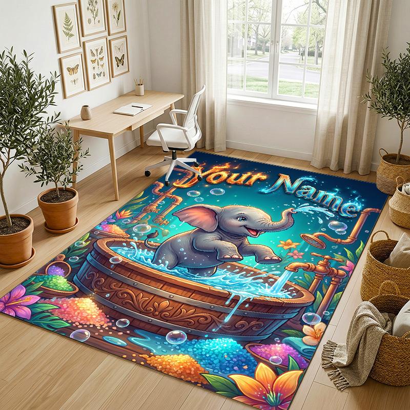 Alfombra de Terciopelo de Cristal con Temática de Elefantes, Personalizada con Nombre y Texto, Alfombrilla Suave para el Suelo, Decoración del Hogar