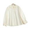 Women's Mori Girl Style Cotton Shirt with Ruffled Lace Collar, Tie-up Long Sleeves, and Heavy Embroidery