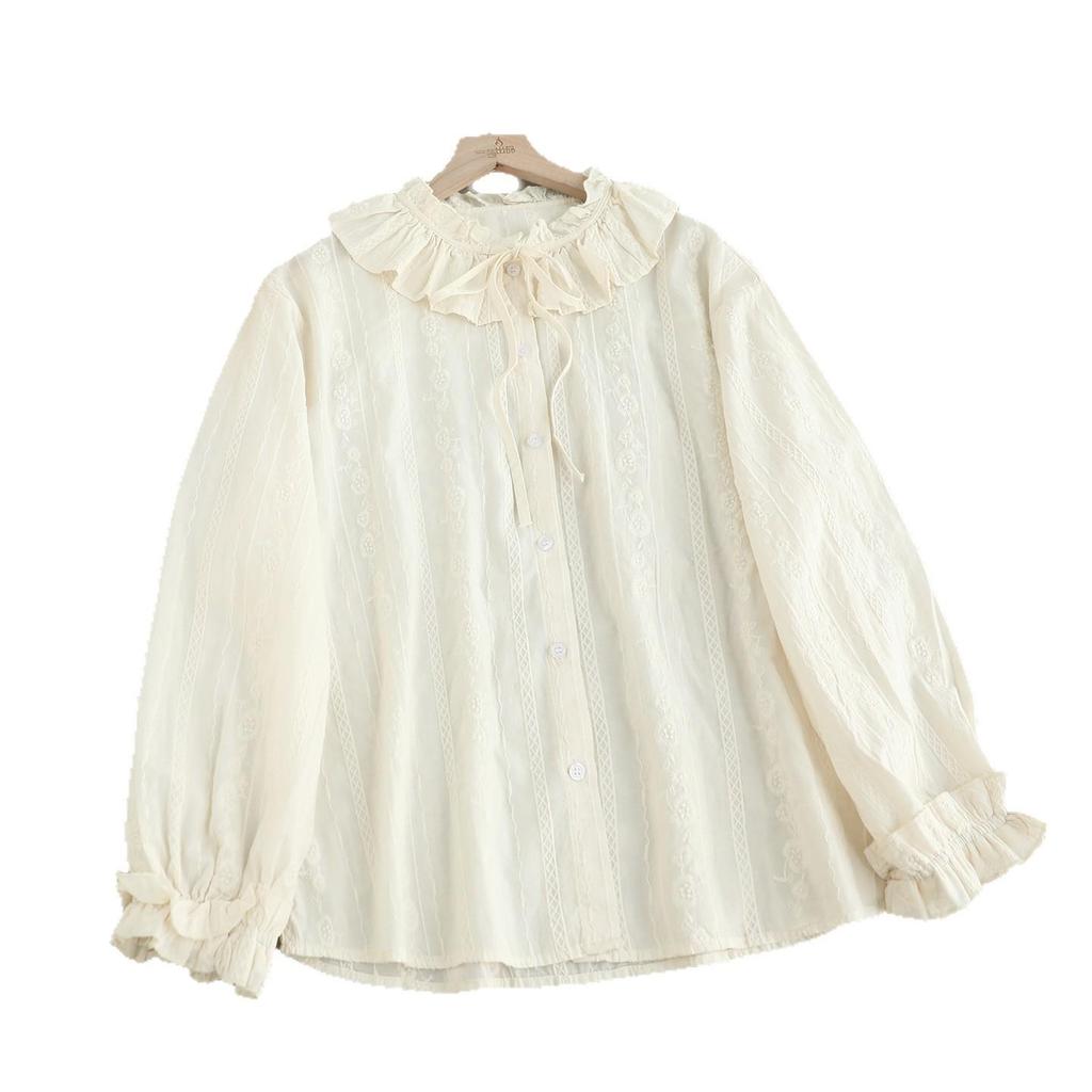Women's Mori Girl Style Cotton Shirt with Ruffled Lace Collar, Tie-up Long Sleeves, and Heavy Embroidery