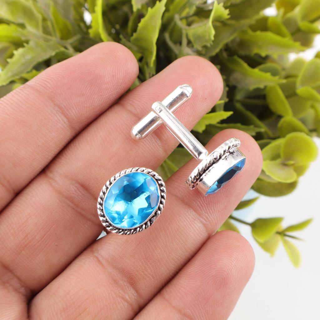 Swiss Blue Topaz Gemstone 925 Sterling Silver Formal Jewelry Men Gift Cufflinks CL-1-8