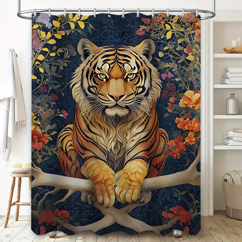 Gold Tiger Shower Curtain: Floral Print Bathroom Decor for Home Decoration Modern Style Animal Motif Window Covering Waterproof