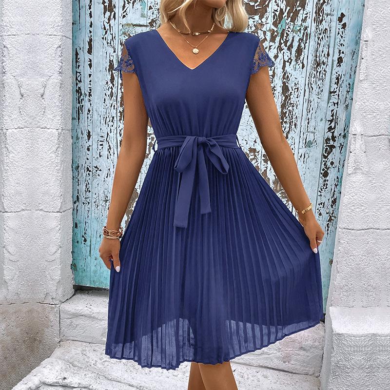 VEZFAA Kvinnemote Sommer Våren Ensfarget Print Kortermet V-hals Høy midje Uformelle kjoler