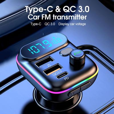 Auto Bluetooth 5.0 FM vysílač PD Type-C Duální USB 3.1A Barevné okolní světlo Handsfree MP3 Modulátor Přehrávač