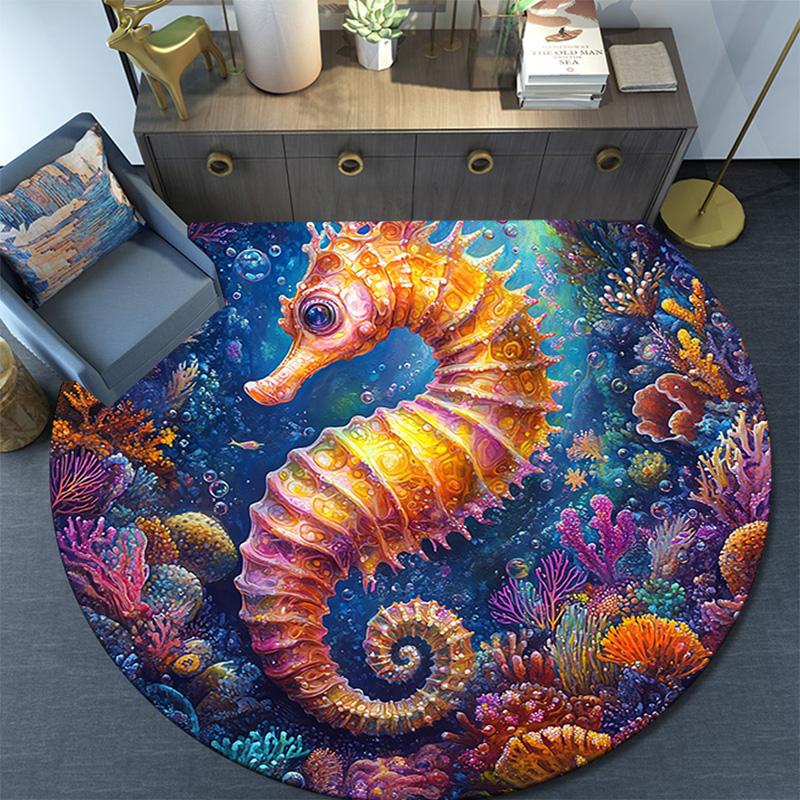 Seahorse Round Area Rug,Carpet Rug for Living Room Bedroom Sofa Playroom Decor,Non-slip Floor Mat