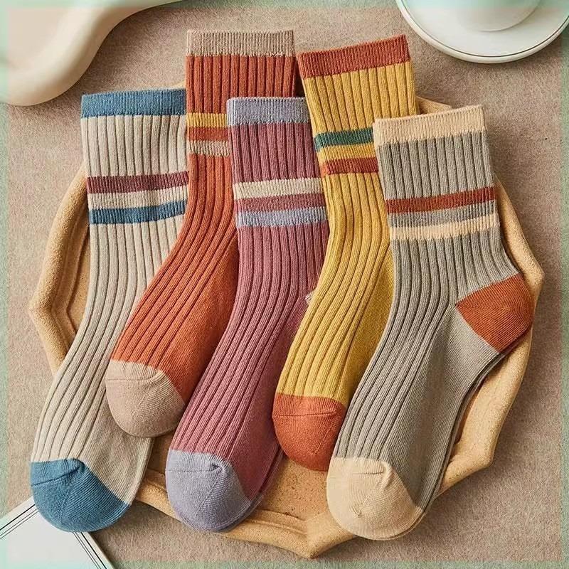 10 Pairs Women's Comfortable Mid Calf Socks Breathable Chic Knit Stripe Printed Female Sock