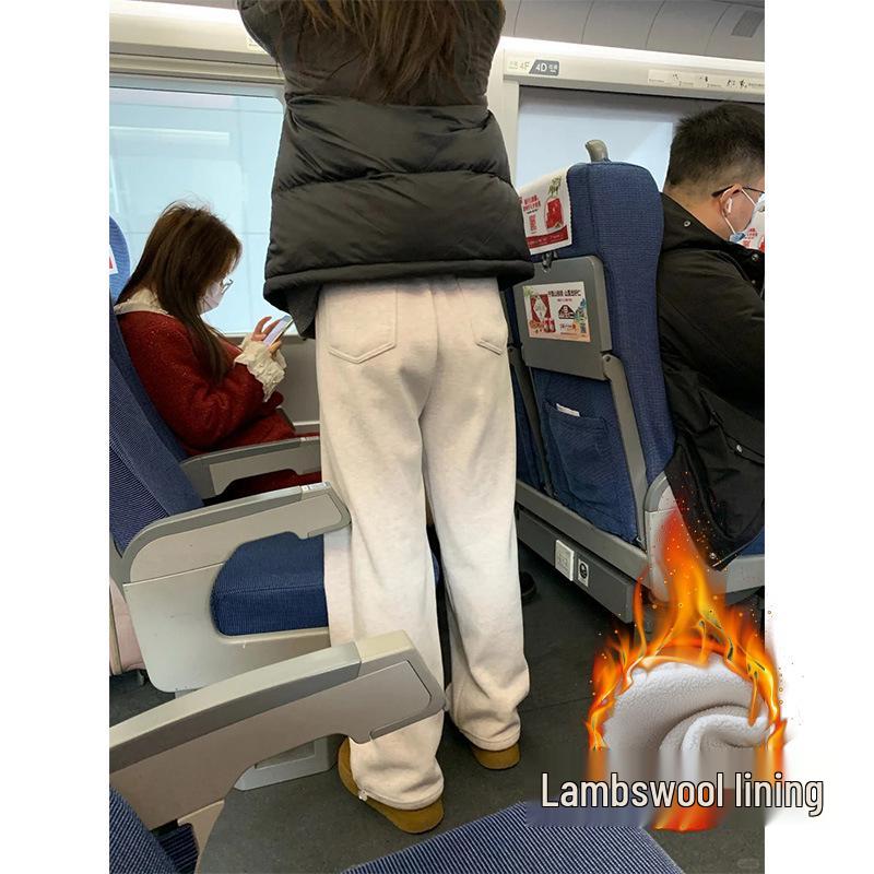 Women's Gray Fleece-Lined Sweatpants, 2025 Early Autumn Style, Straight-Leg, Petite, Wide-Leg Activewear.