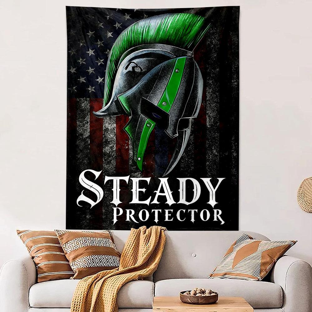 "Green Spartan Helmet with US Flag Design" Patterned tapestry home decor, suitable for bedroom and living room, gift