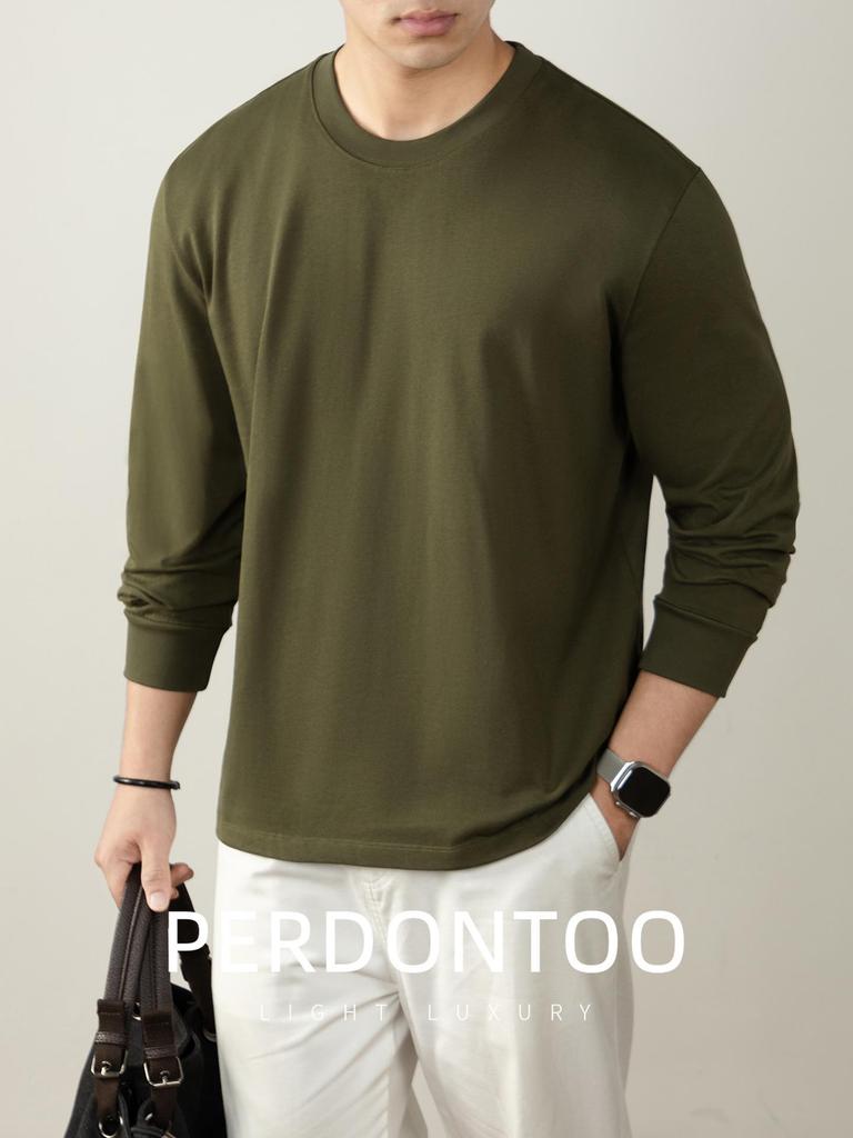 Men's Autumn/Winter Long-Sleeve Crew Neck T-Shirt - 320G Heavyweight Xinjiang Long-Staple Cotton, Loose Fit, Solid Color