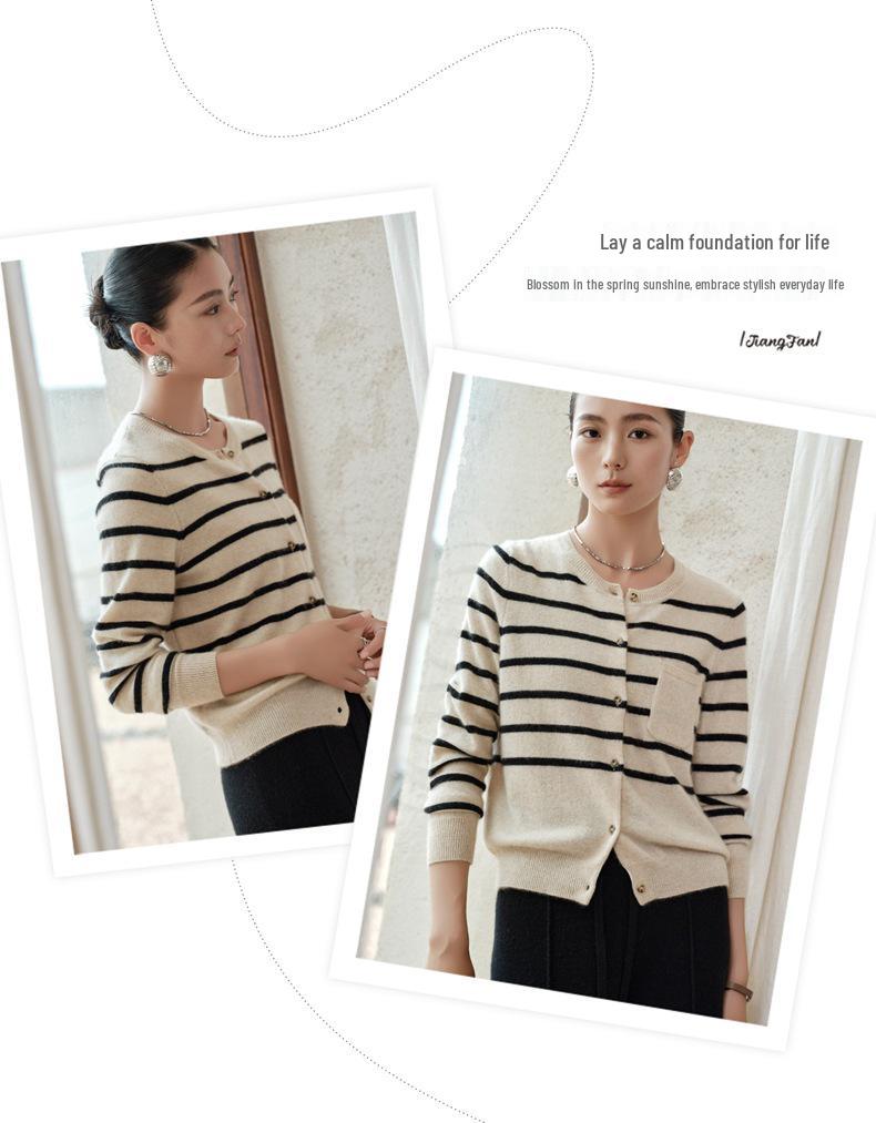 Women's 100% Pure Cashmere Striped Cardigan with Pockets and Buttons, Round Neck Sweater Outerwear
