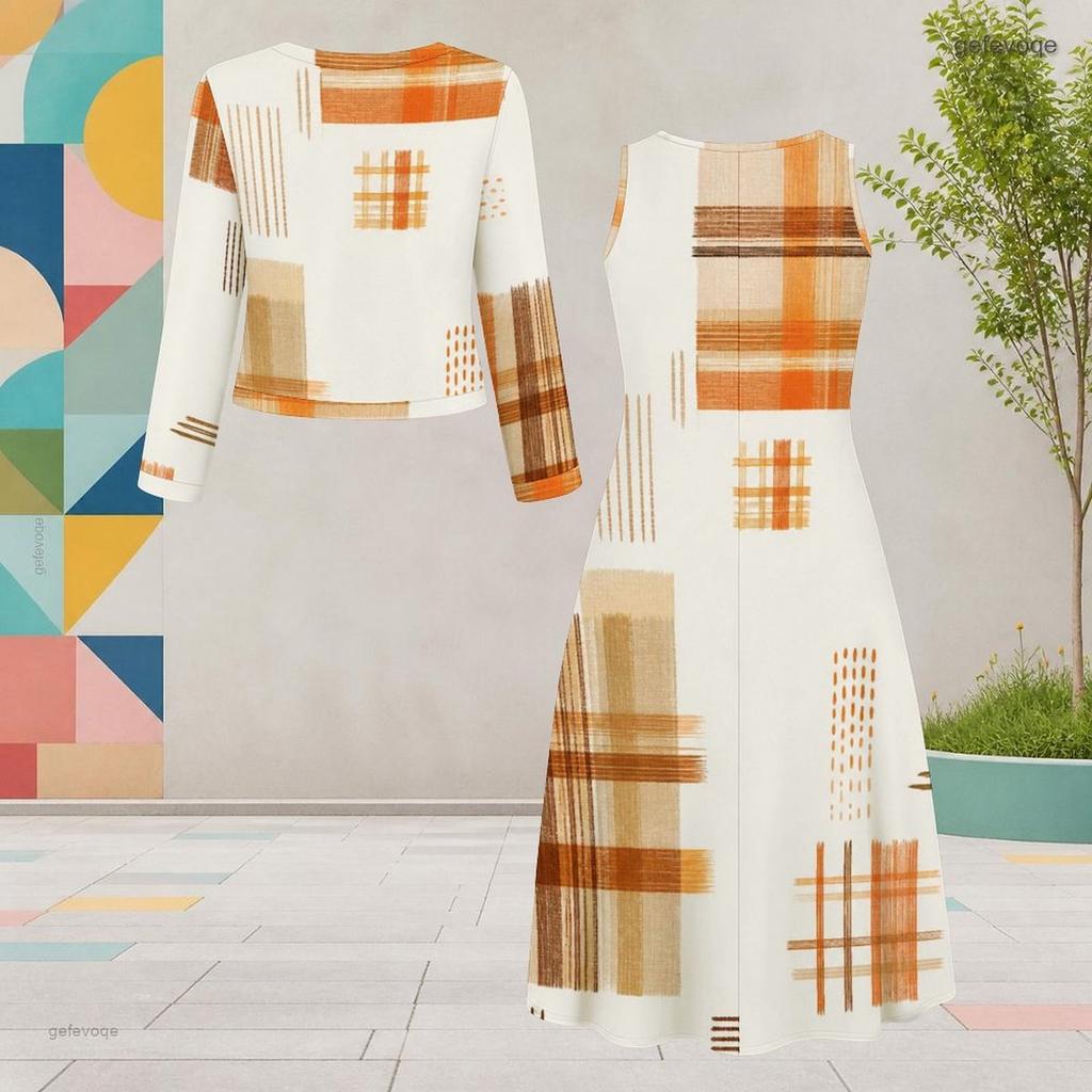 Women Plus Size Printed Two Piece Dress Set Round Neck Long Sleeve Cropped Cardigan Sleeveless Dress