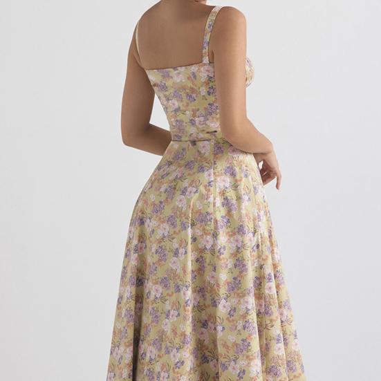 Ladies Dress Low-cut Backless Sleeve Flower Print High Tight Waist High Split Summer Midi Dress Party Prom Beach Dress