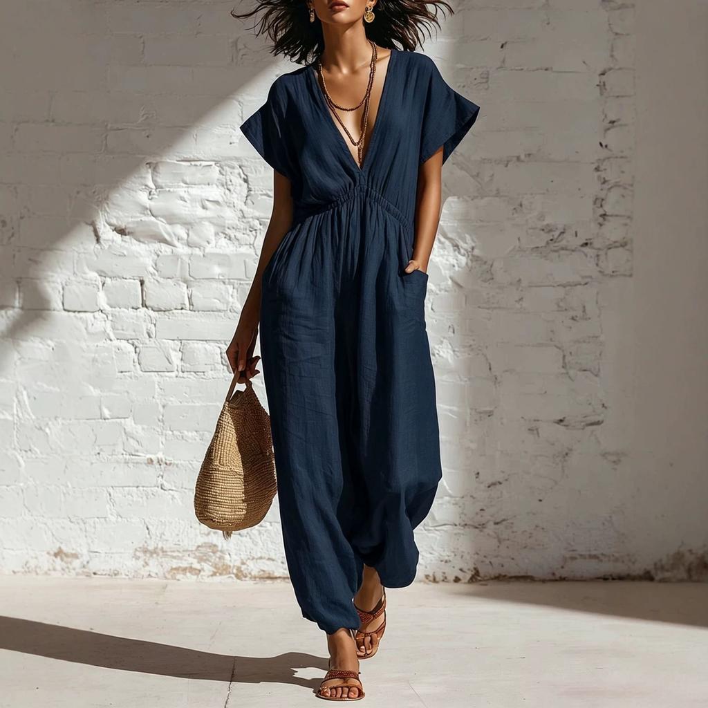 2026 Ropa de verano de mujer europea y americana tendencia de personalidad estilo callejero mono de pierna ancha con cuello en V profundo cintura suelta mujer