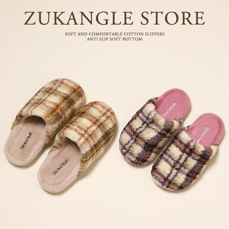 Retro Plaid Cotton Slippers Autumn and Winter 2025 New Indoor Home Home Thick Bottom Plush Warm