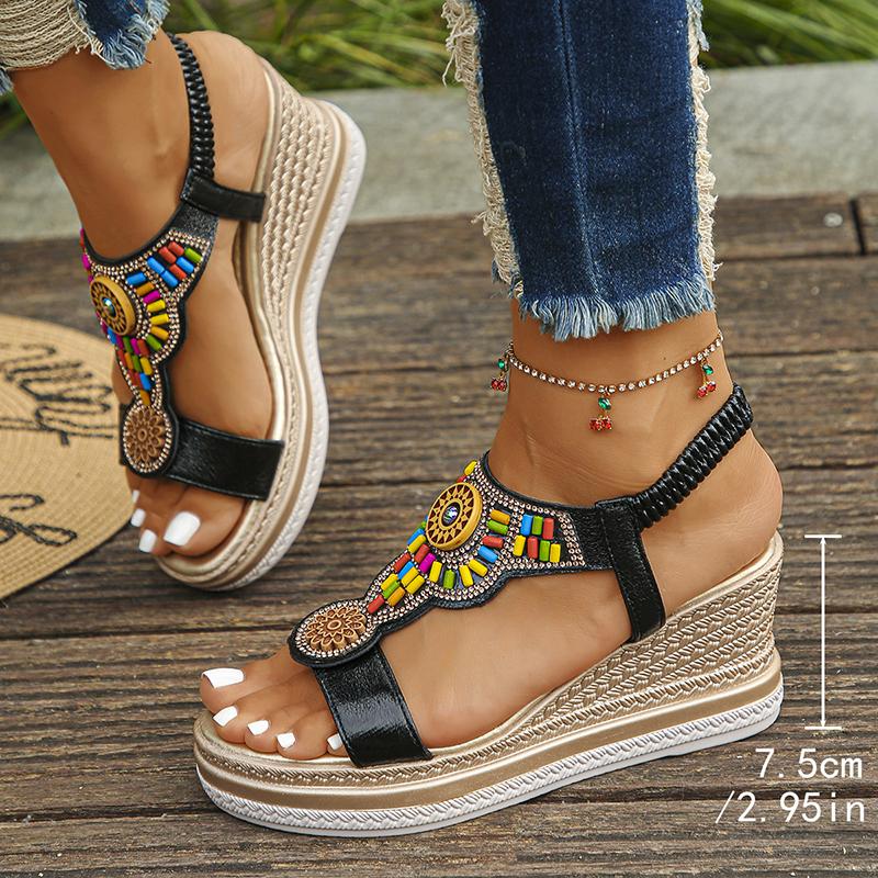 

Fashion Bohemian Style Chunky Platform Sandals Women 2025 String Bead Wedges Sandles Woman Plus Size Slip On Gladiator Sandals Female 43 чёрный