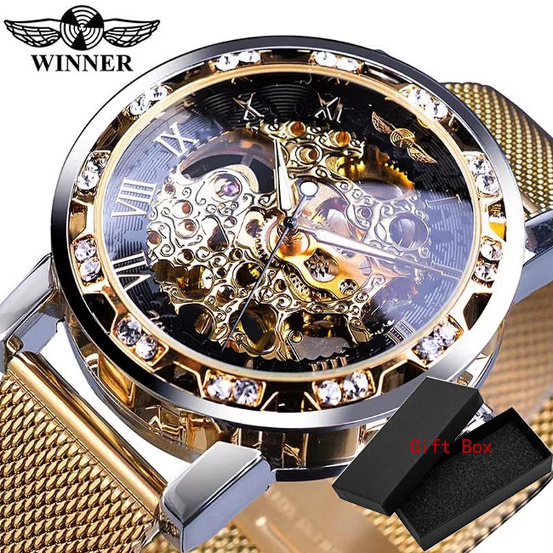 Winner Casual Mechanical Watches For Men Golden Roman Fashion Stainless Steel Belt Mesh Strap Wristwatch Clock Relogio Masculino