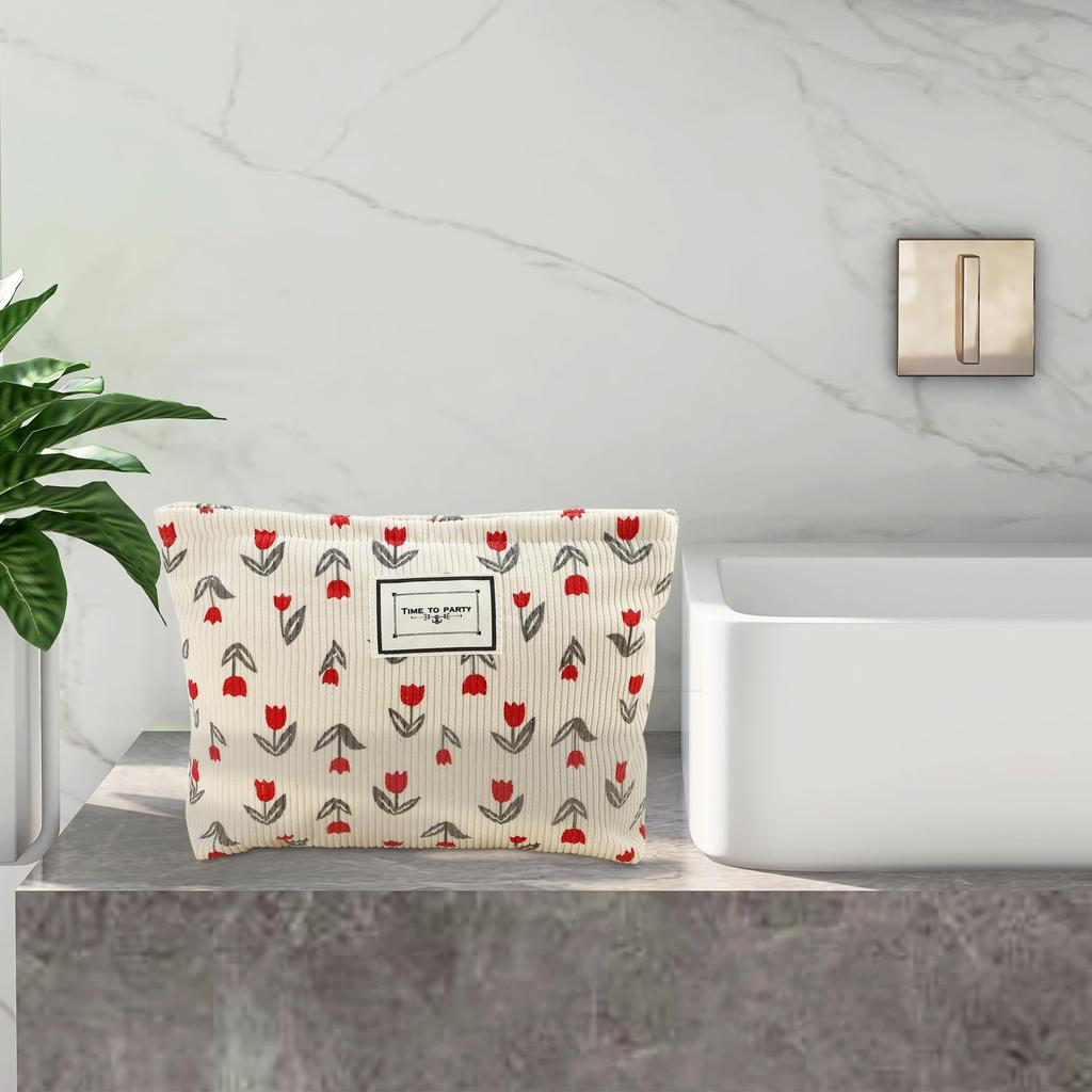 VOCOSTE Floral Print Makeup Large Capacity Makeup Pouch for Coin and Red Bag, Women, Purse, Foundation, Lipstick, Brushes,