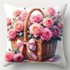 Soft Pink Rose Pillowcase: Romantic Basket & Bow Pattern Cushion Cover For Elegant Sofa Bedroom Home Decor