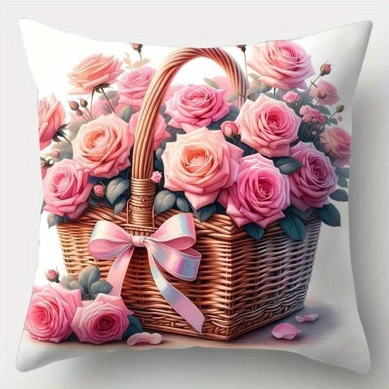 Soft Pink Rose Pillowcase: Romantic Basket & Bow Pattern Cushion Cover For Elegant Sofa Bedroom Home Decor