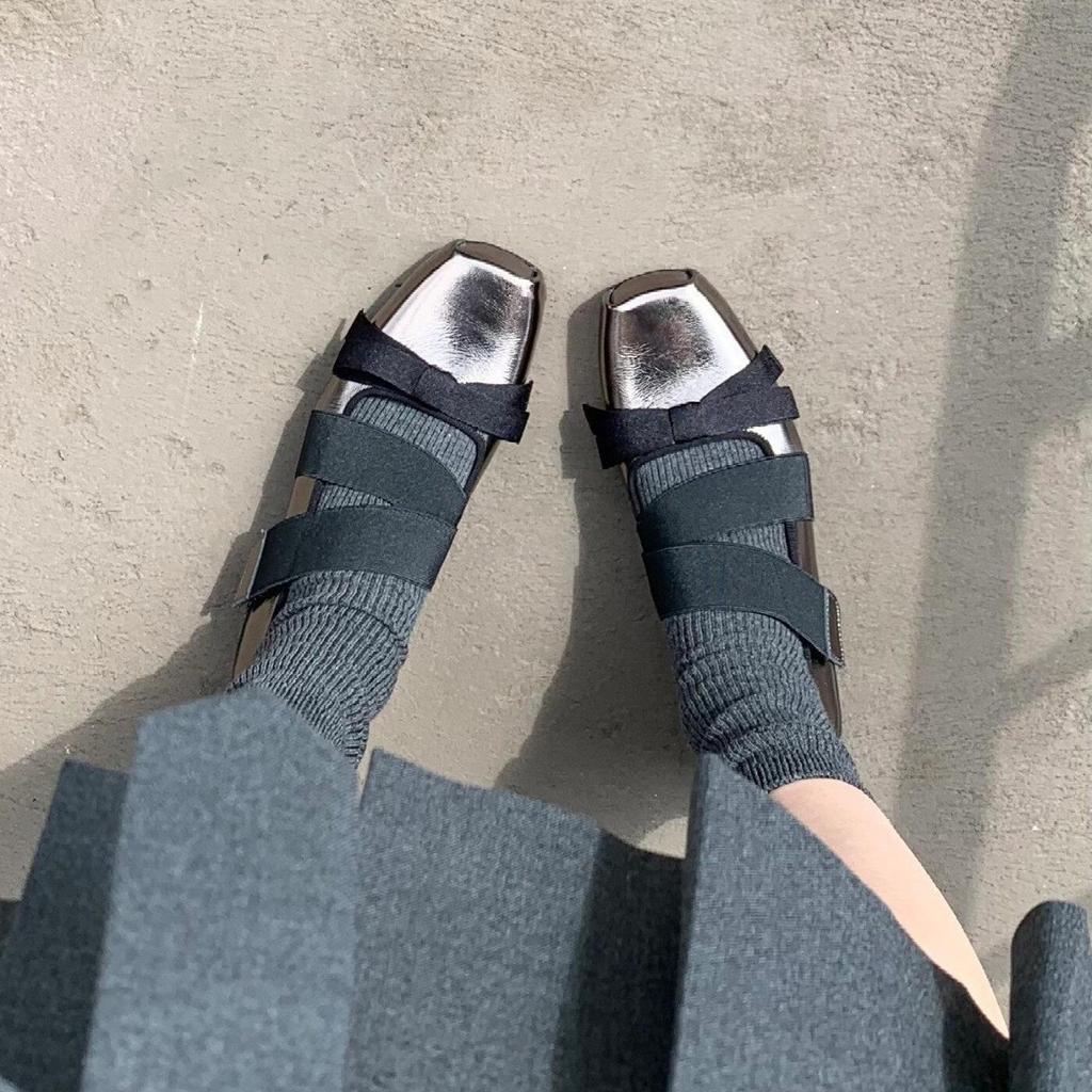 Cowhide Version~ Leather Silver Platform Mary Jane Single Shoes Women's Bow Ballet Shoes Small Leather Shoes Ladyshoes