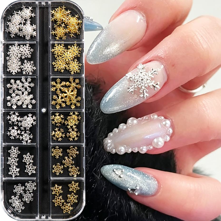 Xiaomi 12 Grids Metallic Snowflake Nail Charms Multiple Shapes Elegant Golden Silvery Snowflake Nail Decoration for Winter Nail Decor