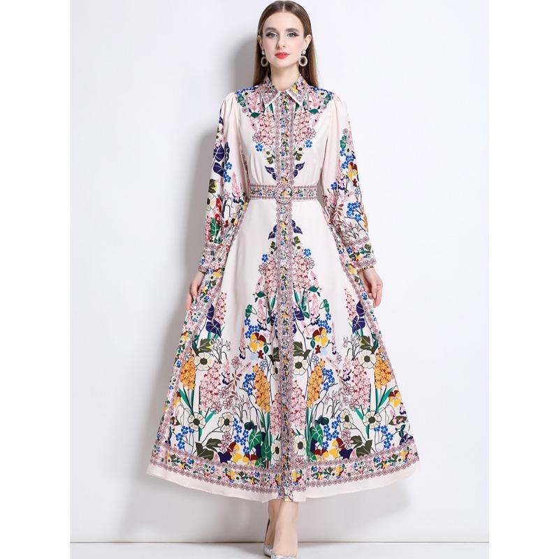 Spring Autumn Women Vintage Exquisite Print Runway Dresses Turn-down Collar Single Breasted Long Maxi Shirt Party Dress for Graduation