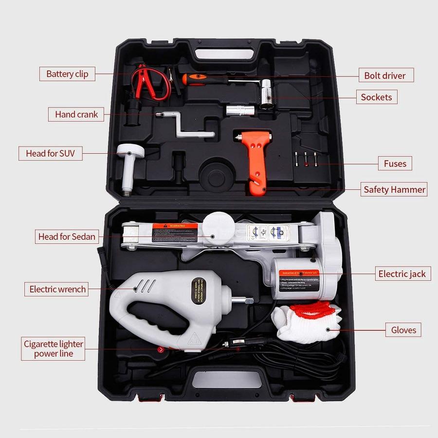 Electric Car Jack Kit 12V Trailer Floor Jack Stands Set 3 Ton Vehicle Scissor Car Lift for Tire Change and Road Emergency with I