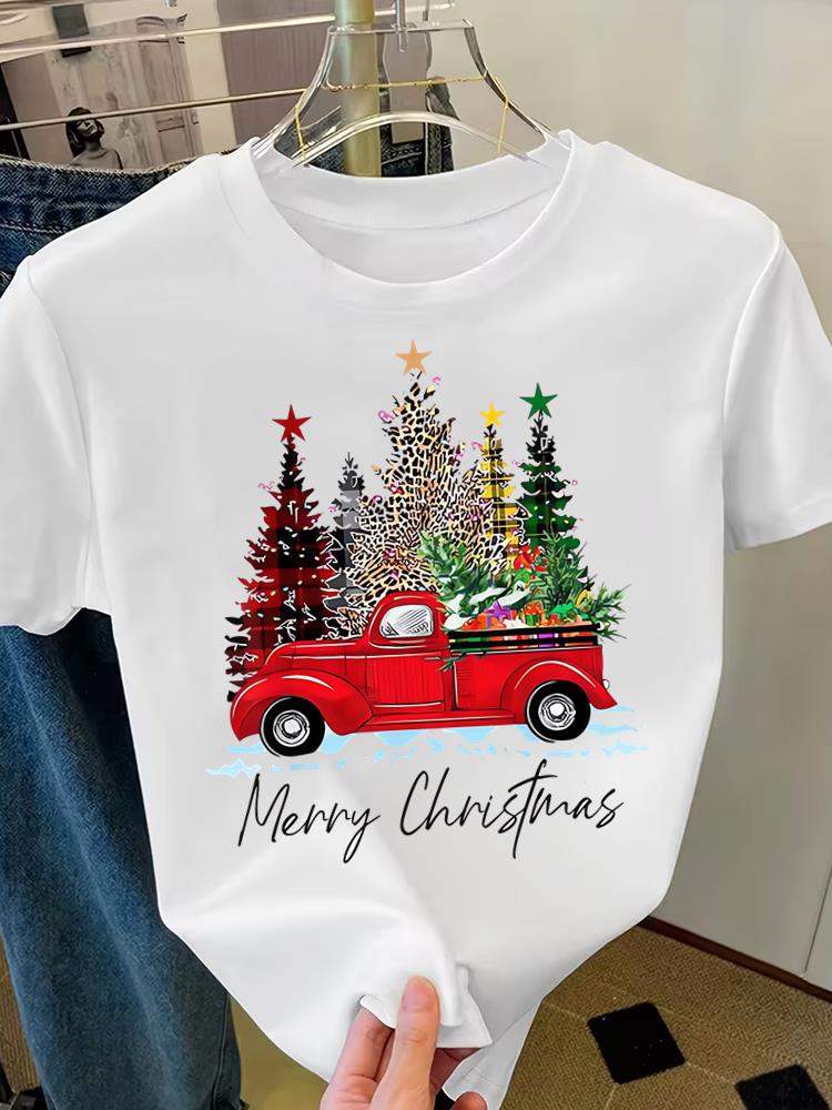 (Asian Size) style truck trend Merry Christmas Short Sleeve T-shirts Women's Top O-neck T Shirt Print Fashion Casual New Year Clothing Graphic Tee