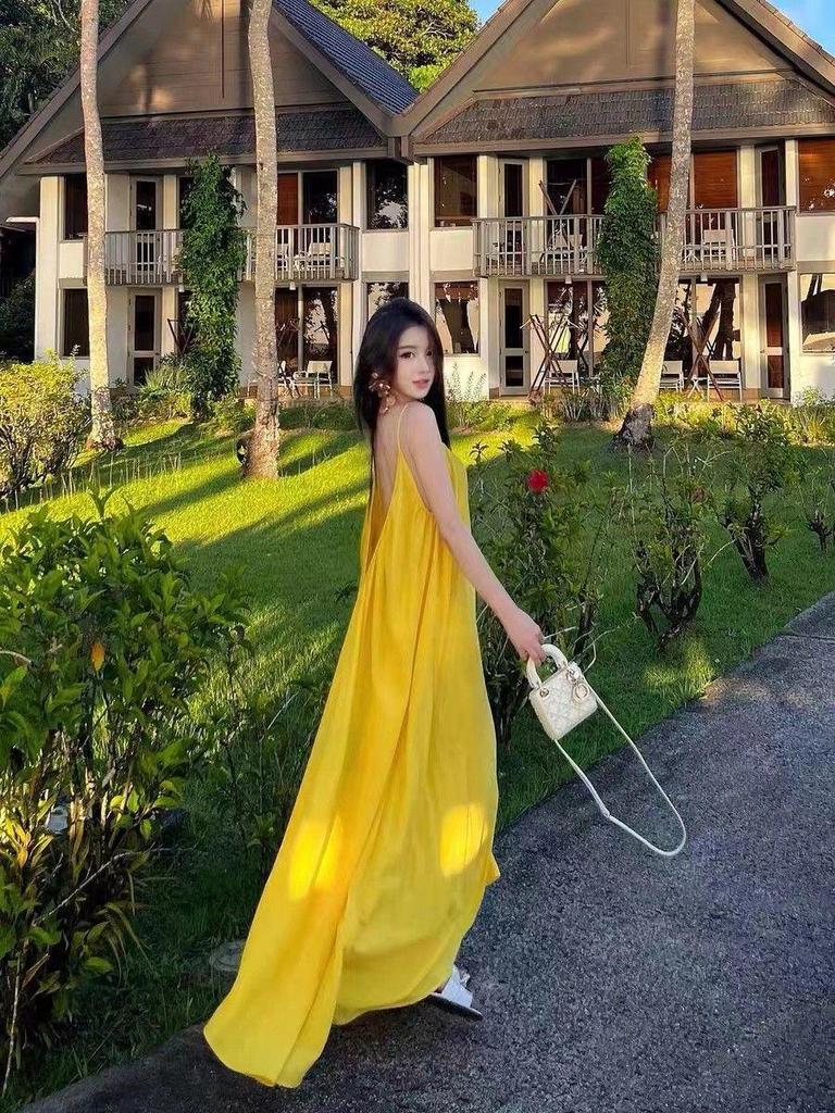 Elegant Yellow Backless Spaghetti Strap Summer Dress for Women
