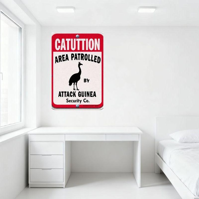 CATUTION Area Patrolled by Attack Guinea Security Co. Bird Silhouette Metal Tin Sign Playful Warning Sign for Home Office Decor
