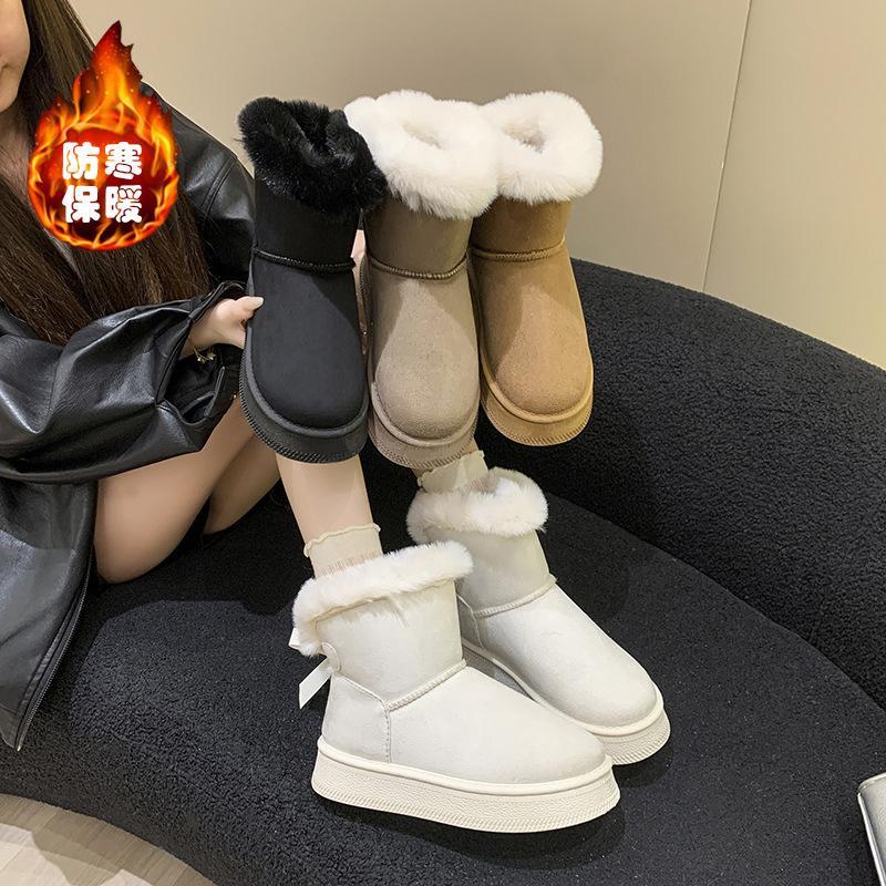 Foreign trade 2025 new wool bow decorative casual women's snow boots thick-soled large-size thermal cotton shoes