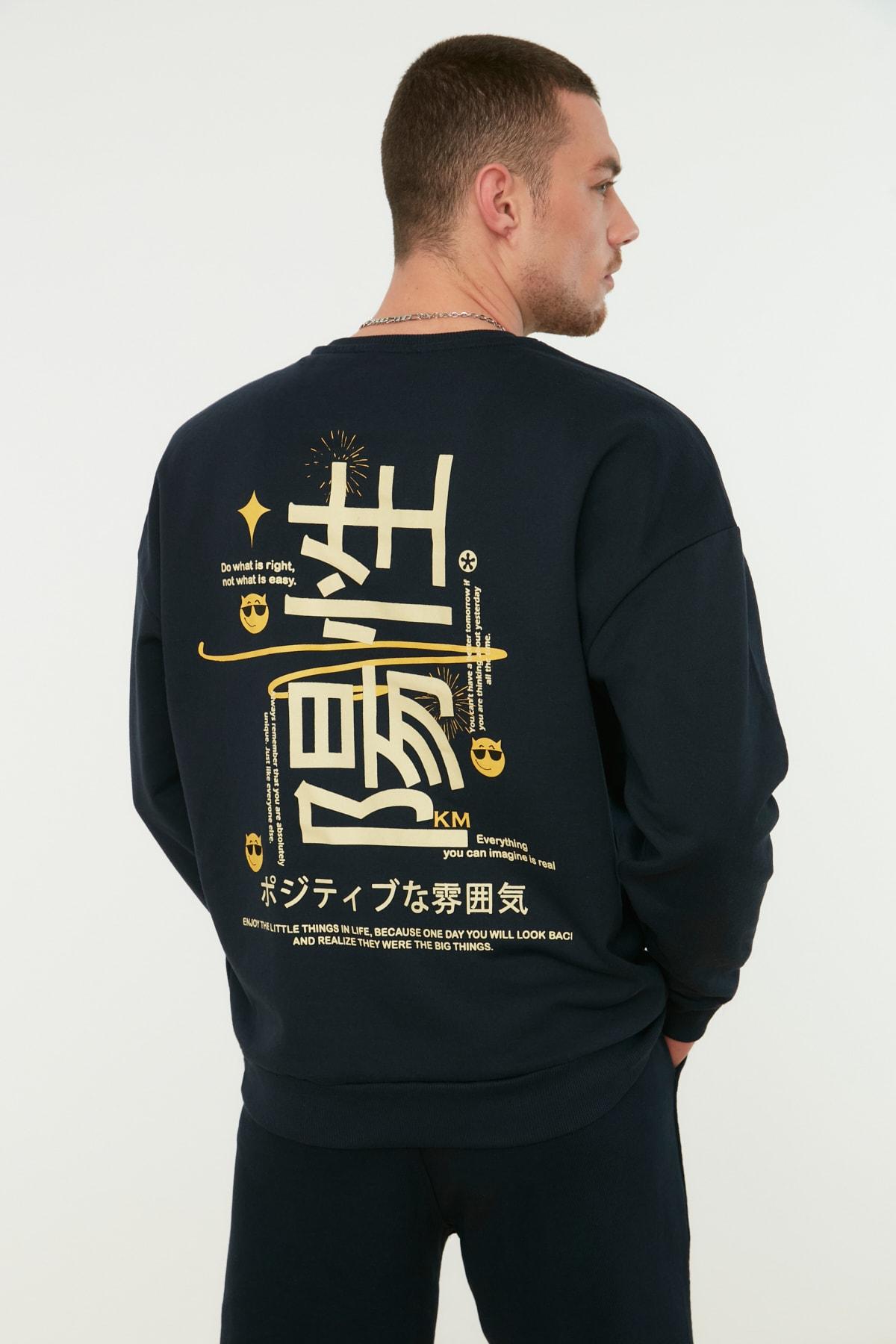 

Men s Fashion New Sweatshirt Navy Blue Oversize Wide Cut Crew Neck Printed Sweatshirt Navy Blue XS темно-синий