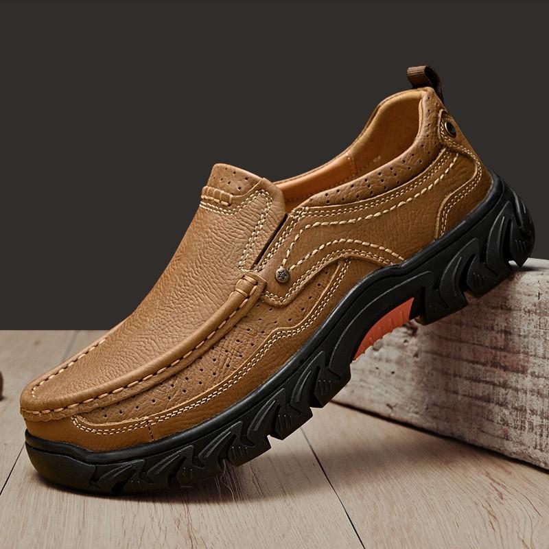 Mens Wide Fit Thick Sole Outdoor Casual Leather Shoes Non-Slip Wear-Resistant Hiking Toe Design