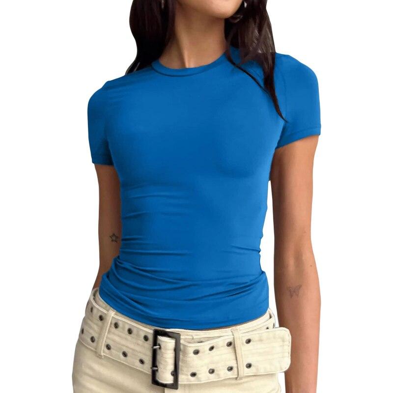 Tricouri de vară cu decolteu O Moda femei Primăvară Partea de jos Top Tricou de bază Cămașă Streetwear Tricou cu mânecă scurtă Îmbrăcăminte de top subțire 24855