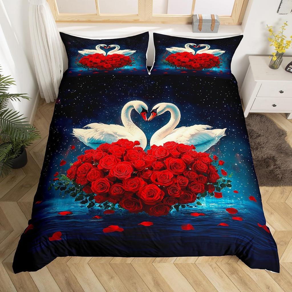 Red Rose Beding Set White Swan Soft Duvet Cover Quen Wild Animal Romantic Flower Warm Comforter Cover for Young Girls Woman Lady Weding Decor