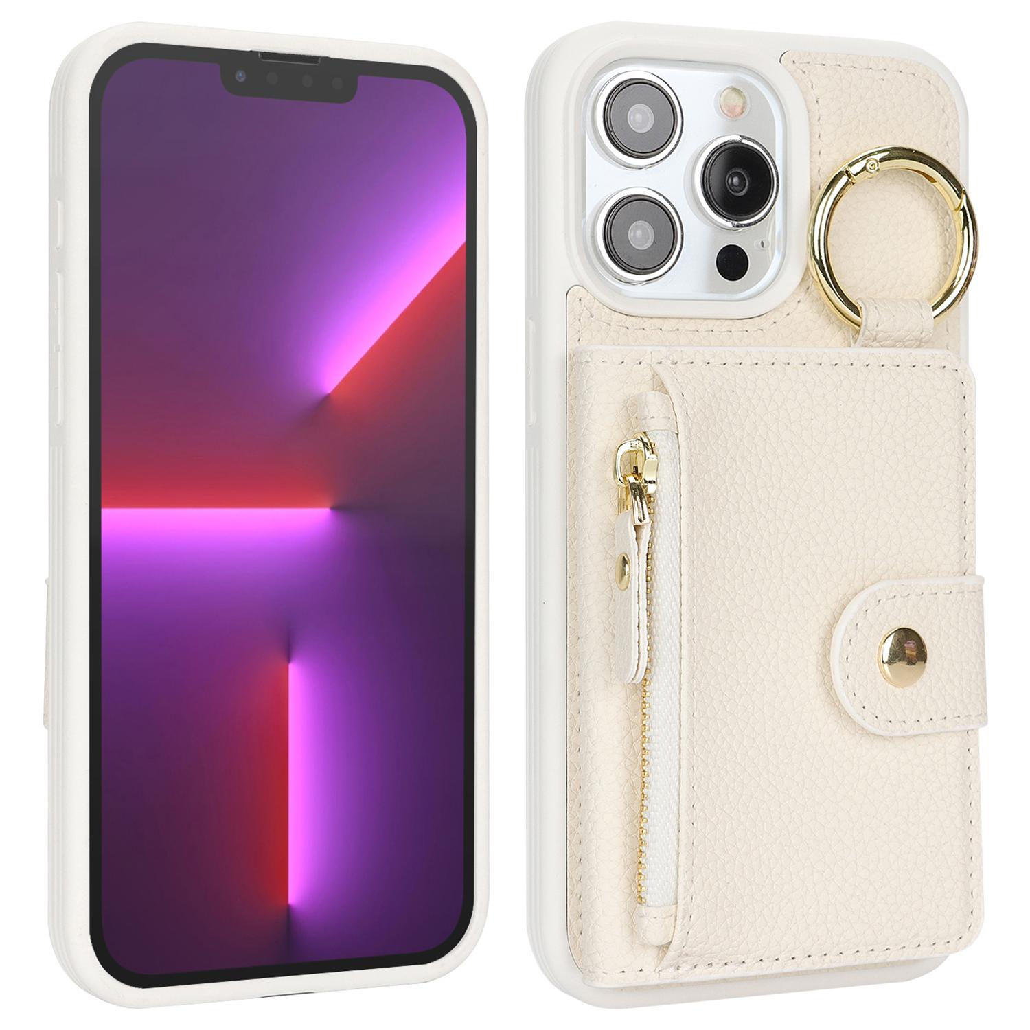 

For iPhone 13 Pro Max/12 Pro Max Case Litchi Textured PU Leather+TPU Kickstand Phone Cover with Card Slot White